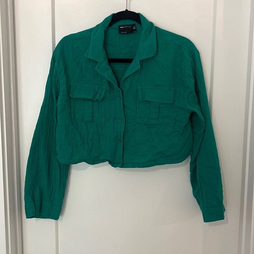 Green cotton cropped long sleeve top